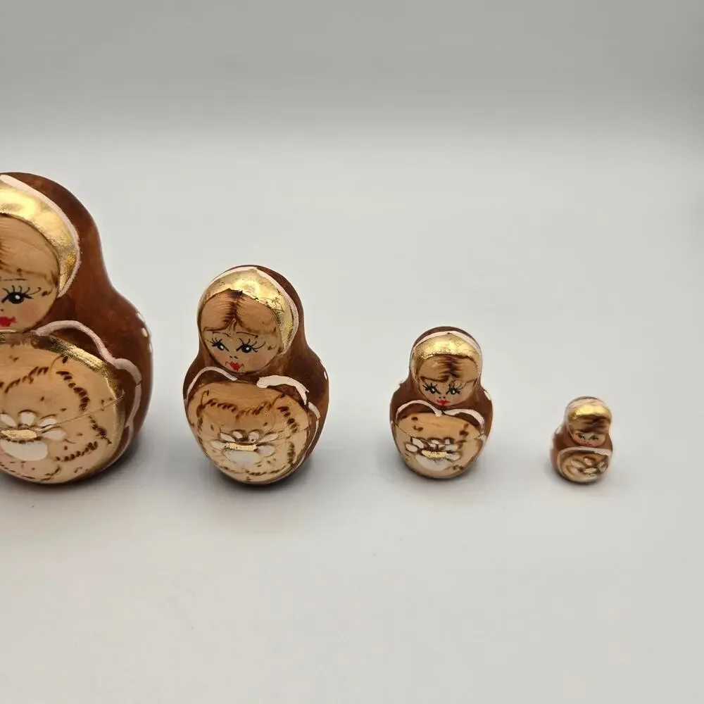 5 Piece Russian Nesting Doll Set w/Gold Accents Hand Painted hand carved wood